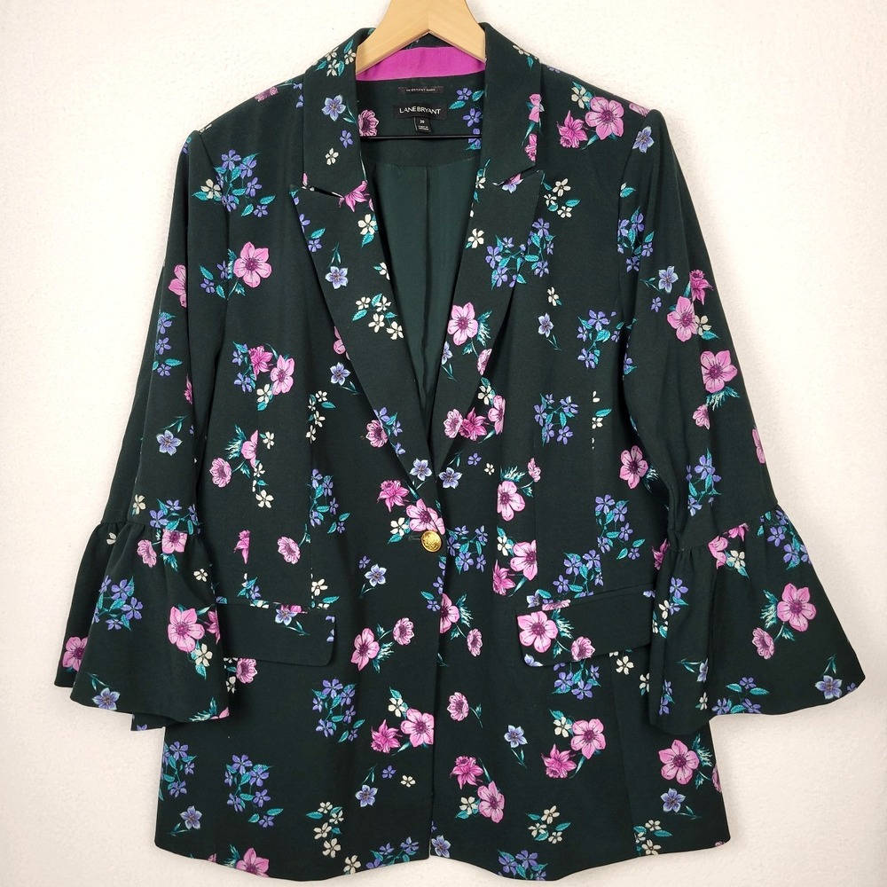 Dark‎ Green Ruffled Sleeve Floral Blazer Plus Size 20